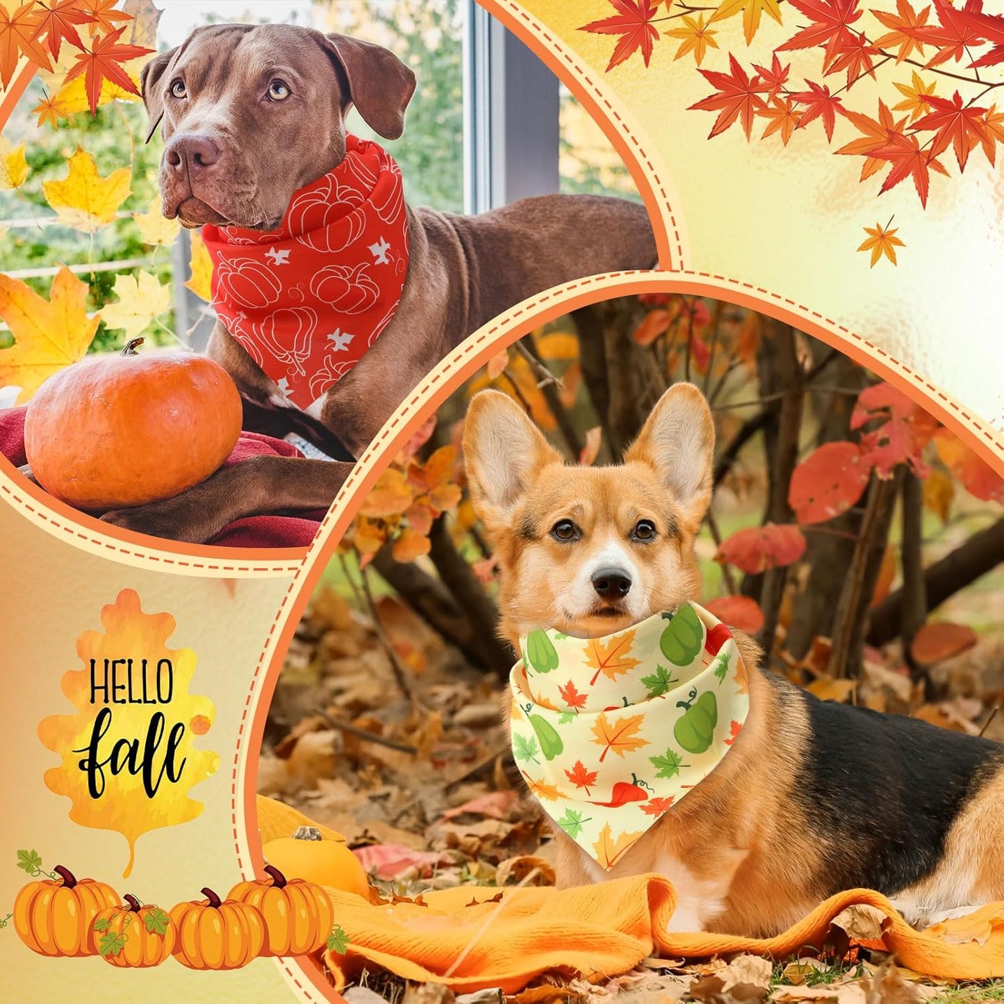 Weewooday 50 Pcs Fall Dog Bandanas Bulk Pumpkin Maple Leaves Thanksgiving Autumn Bandanas for Bibs Adjustable Scarf for Small Medium Large Pets Cats Costume(Leaves Pattern, 31.5 x 21.7 X21.7 Inch)