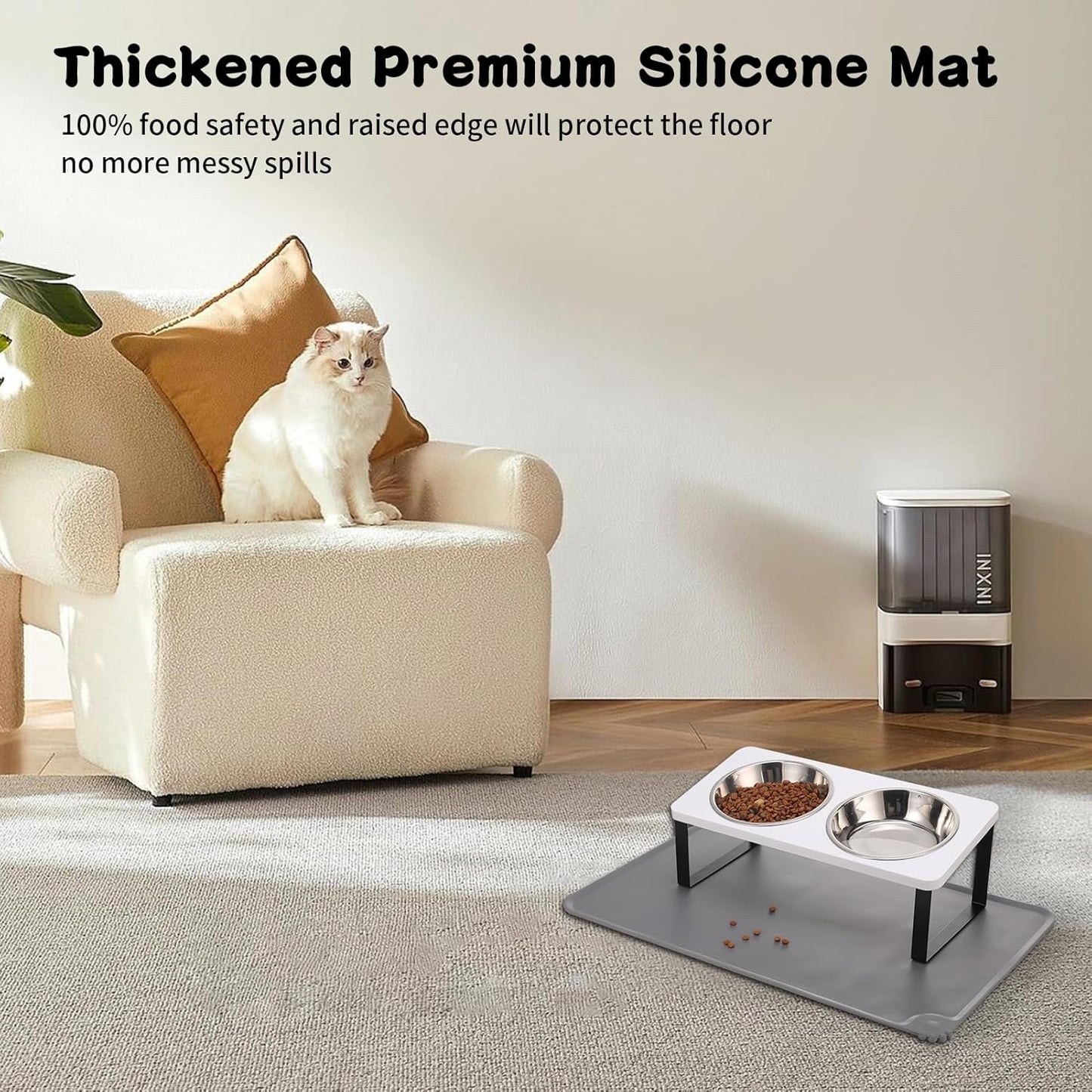 Upgraded Elevated Cat Bowls with Food Mat,15°Tilted Stand Anti Vomiting Raised Cat Dishes for Food and Water,2 Stainless Steel Bowls for Cats and Puppy（White）