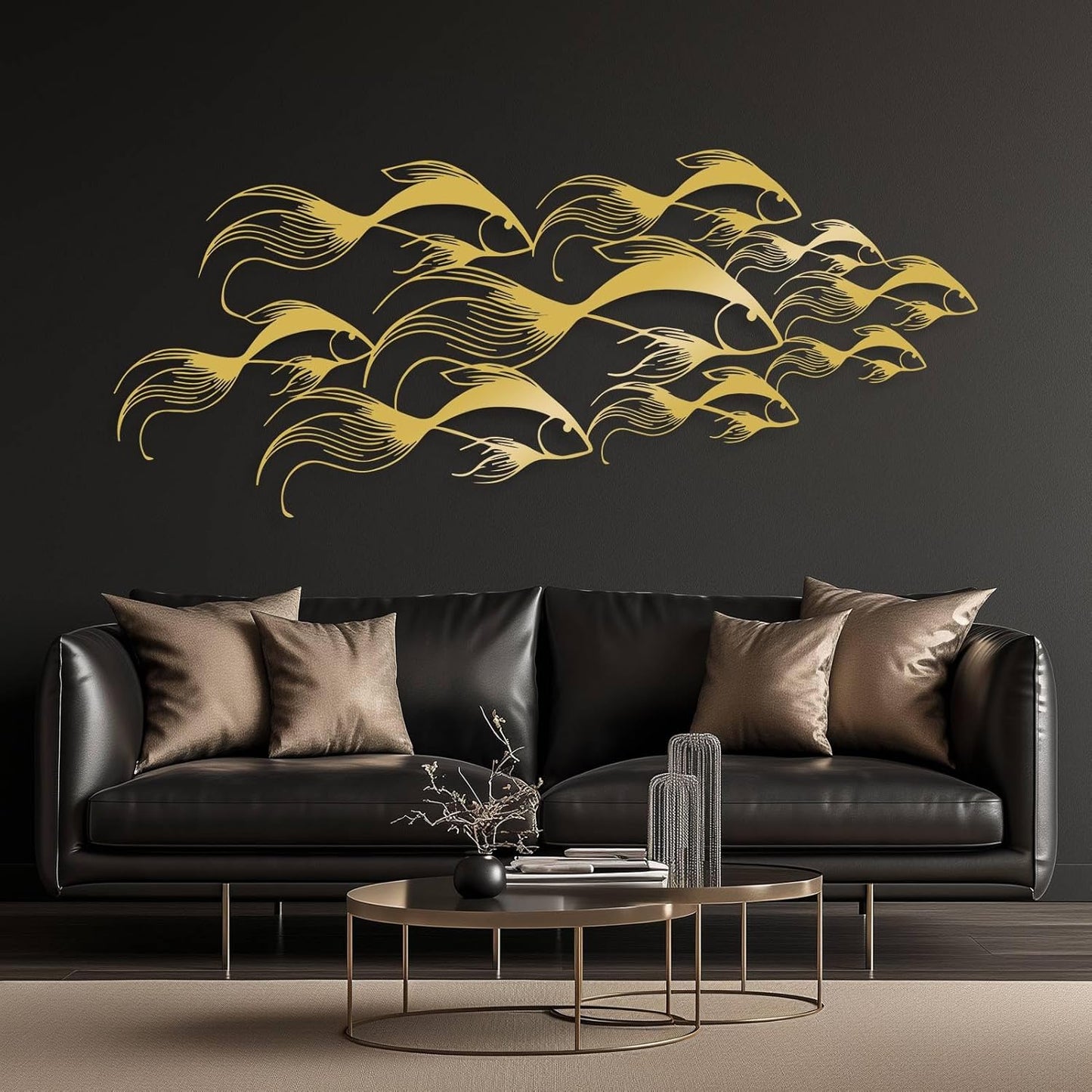 School of Fish Metal Wall Art, Metal Fish Wall Decor, Sea Life Wall Art, Large Nautical Wall Hanging, Modern Beach House Wall Decor, Ocean Themed Artwork for Bathroom (Black, 48"x20" | 121x51cm)