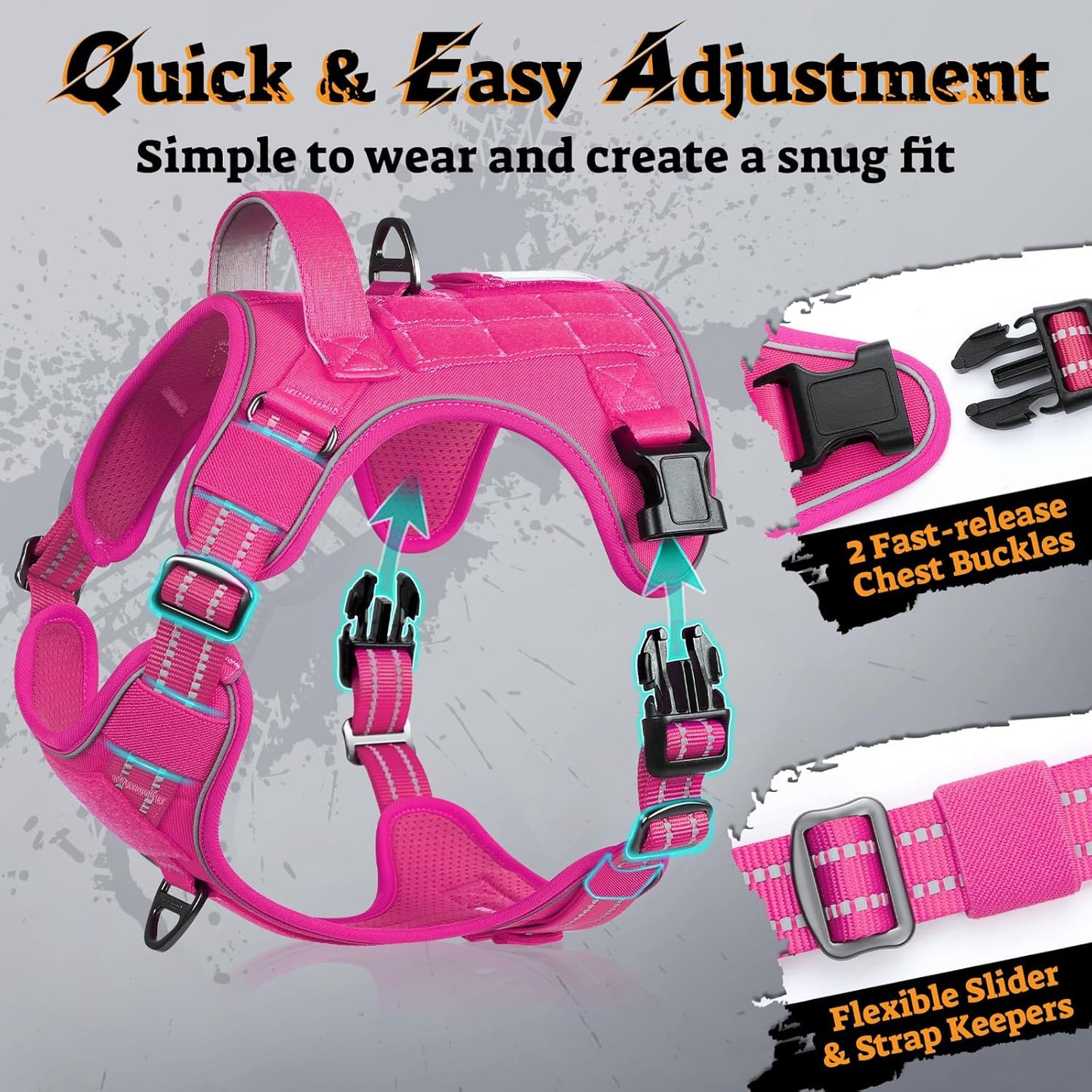 rabbitgoo Dog Harness for Large Dogs No Pull, Tactical Service Pet Vest with Molle and Control Handle, Adjustable and Reflective Military Harness for Easy Walking and Training, Rose Red, L