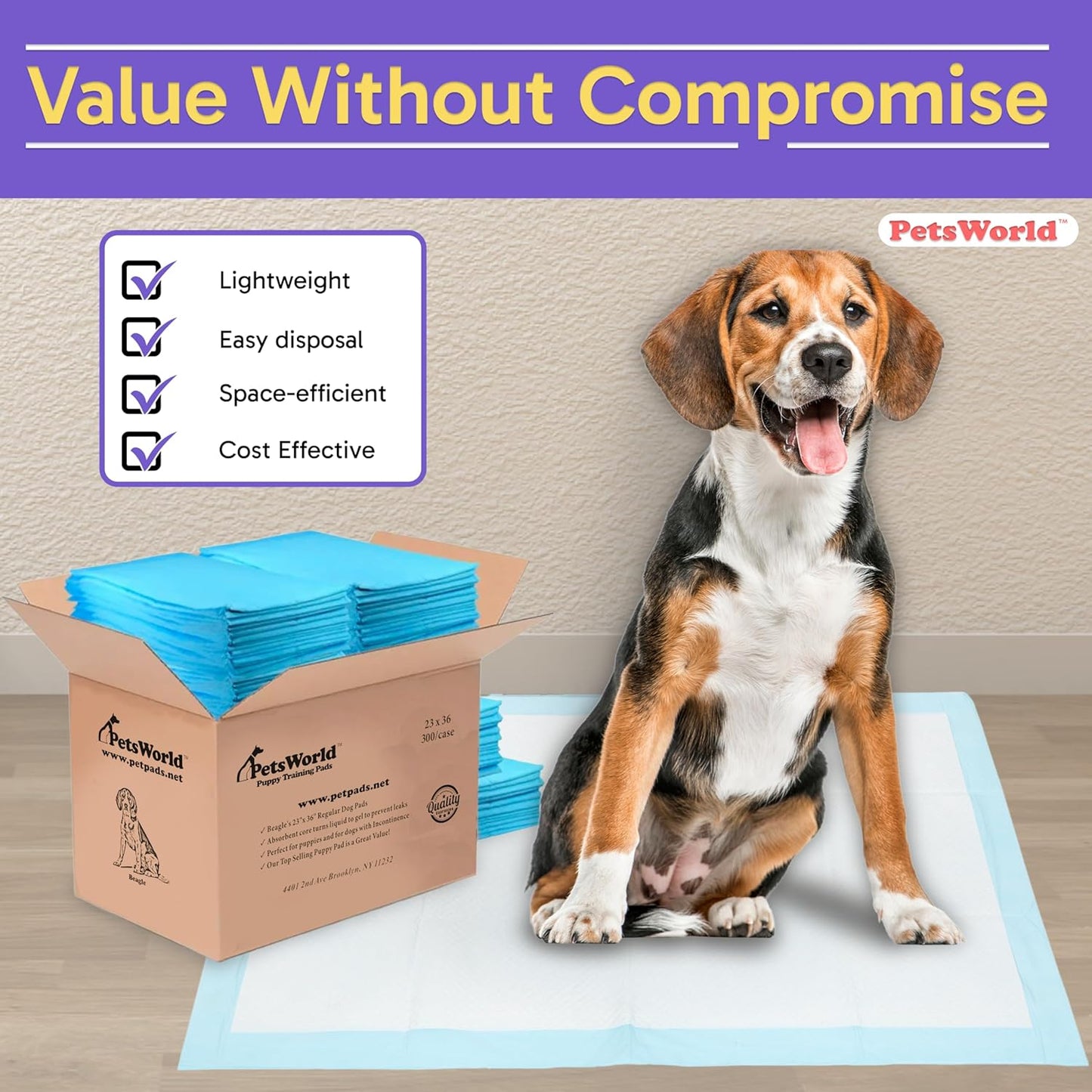 PETSWORLD Puppy Pads, 23x36 Inch, 400 Count - Puppy Pee Pads for Dogs, Tear Resistant, Economy Value, Super-Absorbent Polymer Gel Core, Perfect for Puppies, Smaller Dogs