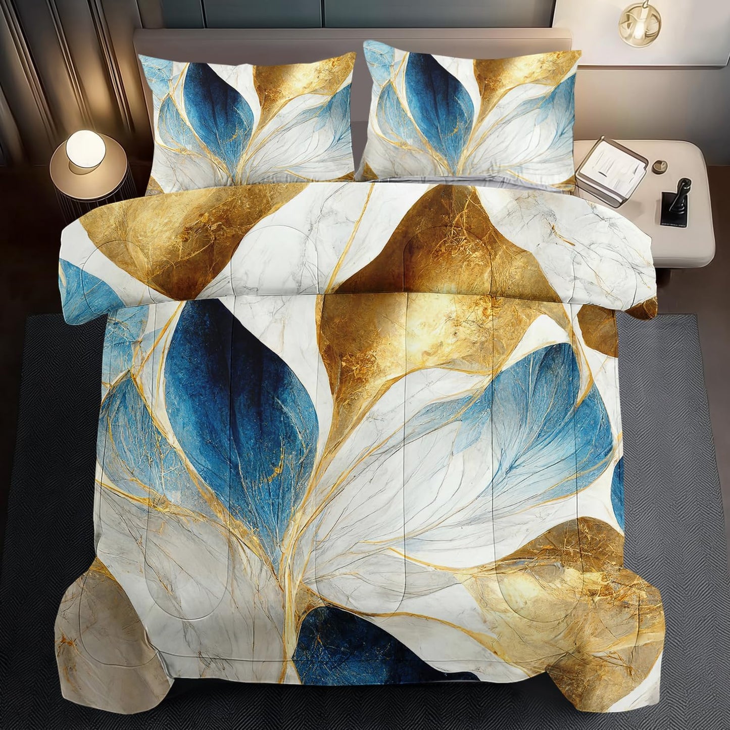 Vintage Floral Comforter Set Full Size Women,Marble Flower Bedding Set Full,Marble Blue Flower Bed Comforter,Blue and Gold Floral Quilt Bedroom Decor for Kids and Adults