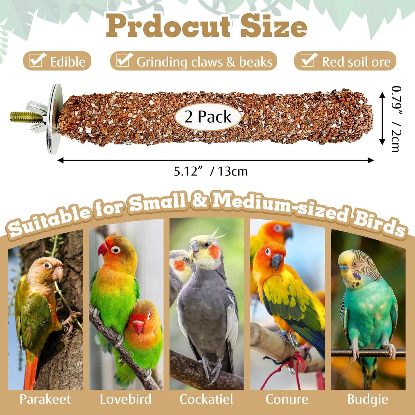 PINVNBY 2 PCS Natural Bird Perches Bird Grinding Stick Calcium Mineral Parrot Perch Stand Foot Claws Trimmer Chew Toy Bird Cage Accessories for Small Medium Budgie Cockatiel Conure Lovebird