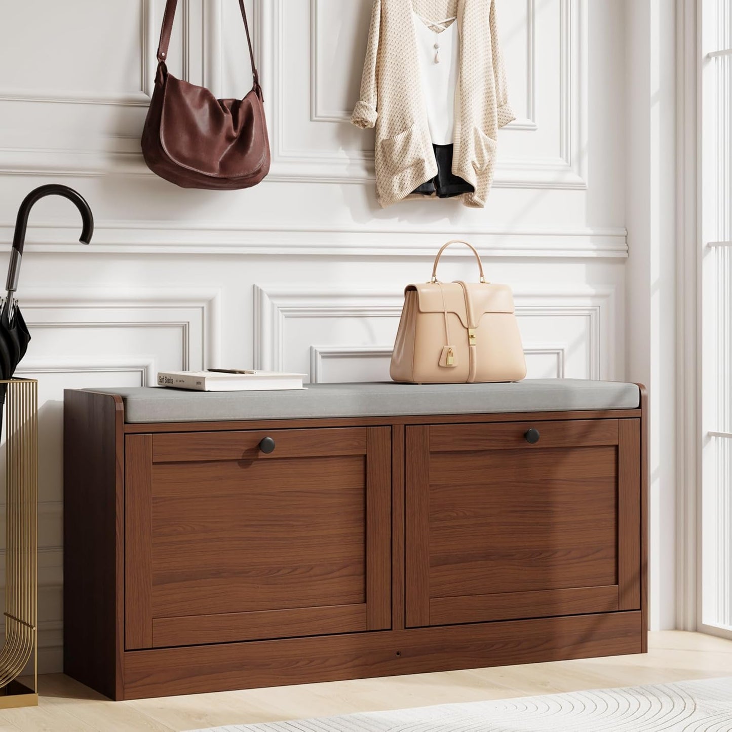 MHOM Brown Modern Entryway Bench with 2 Flip Drawers, Entryway Shoe Bench with Padded Seat Cushion, Wooden Storage Bench for Bedroom and Apartment