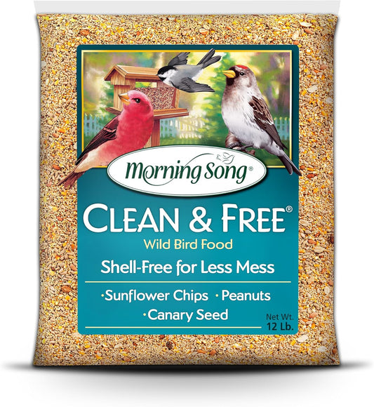 Morning Song Clean & Free No Mess Wild Bird Seed – 12 lb. Shell-Free Bird Food Blend with Sunflower Chips, Peanuts & Canary Seed – No Waste Bird Food for Outside Feeders