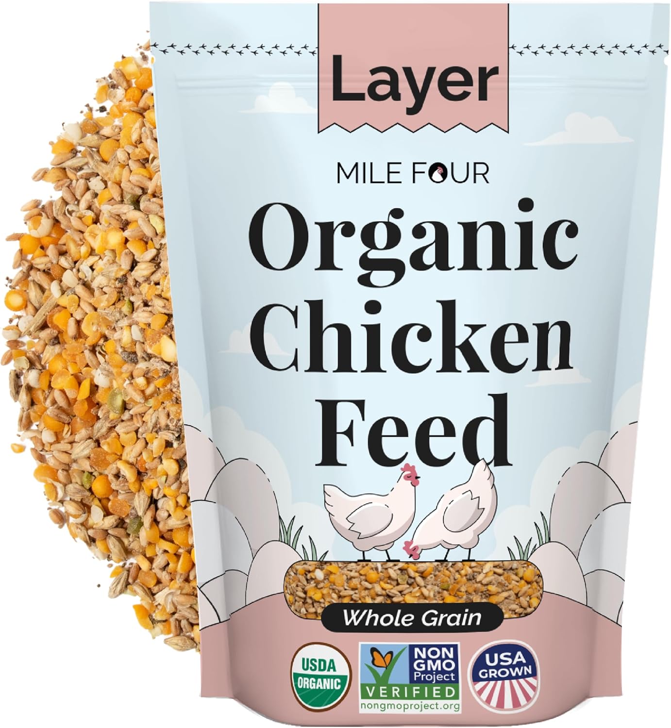 Organic Chicken Feed – Layer Whole Grain, Non-GMO, USA Grown, 16% Protein, Corn-Free, Soy-Free, Non-Medicated Feed for Chickens, 2 lb Sample