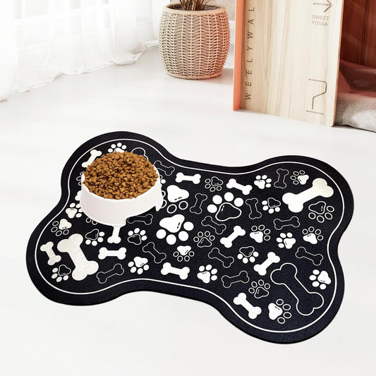 Dog & Cat Food Mat Bone Shaped Pet Feeding Mat Quick Absorb Water Bowl Placemat with Rubber Backing Indoor Floor Stain Resistant Pet Accessory Supplies (Black, 16x24 Inches)