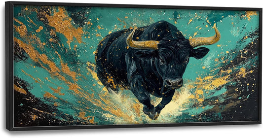 Large Bison Buffalo Wall Art for Living Room, Framed Oversized Bull Wall Decor, Abstract Teal and Golden Canvas Painting Modern Artwork for Living Room Bedroom Office Dining Room 60"x30"
