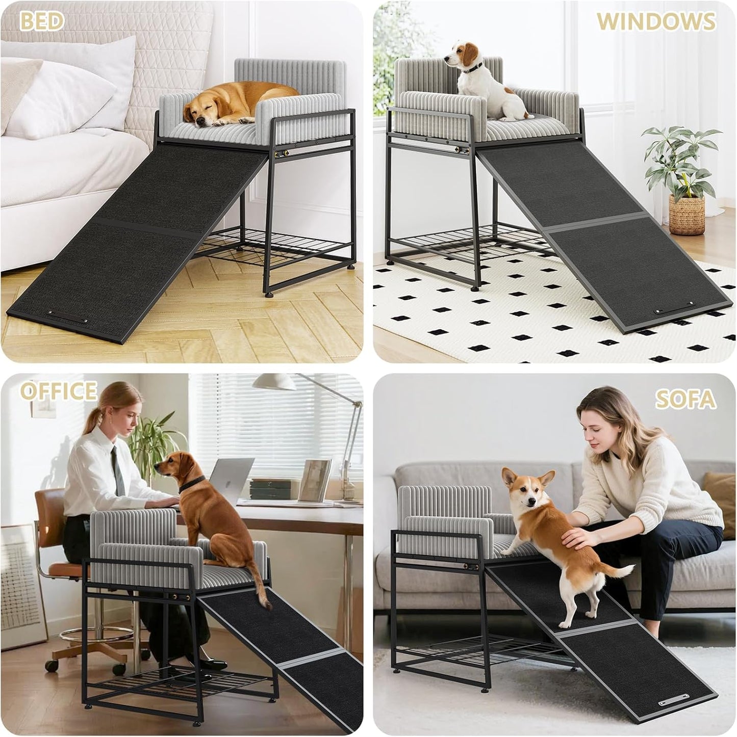 Pet Stairs Ramp with Seat,Dog Window Perch with Stairs and Storage,Dog Seat with Ramp Steps,Folding Pet Ramp for Dogs Cats,Bunk Bed Chair with Sofa Cushion for Bed Couch Office,Hold Up to 110 lbs