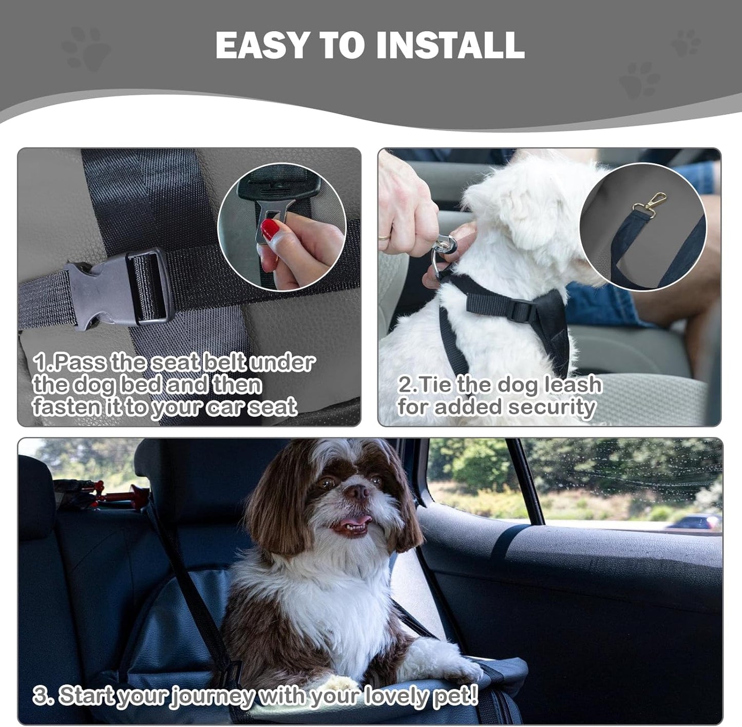 Dog Car Seat for Small Dogs, Large Leather Dog Car Bed with Storage Pocket, Waterproof PVC Leather Booster Seat Travel Bed for Front & Back Seat, Clip-On Safety Leash (Black/Grey)