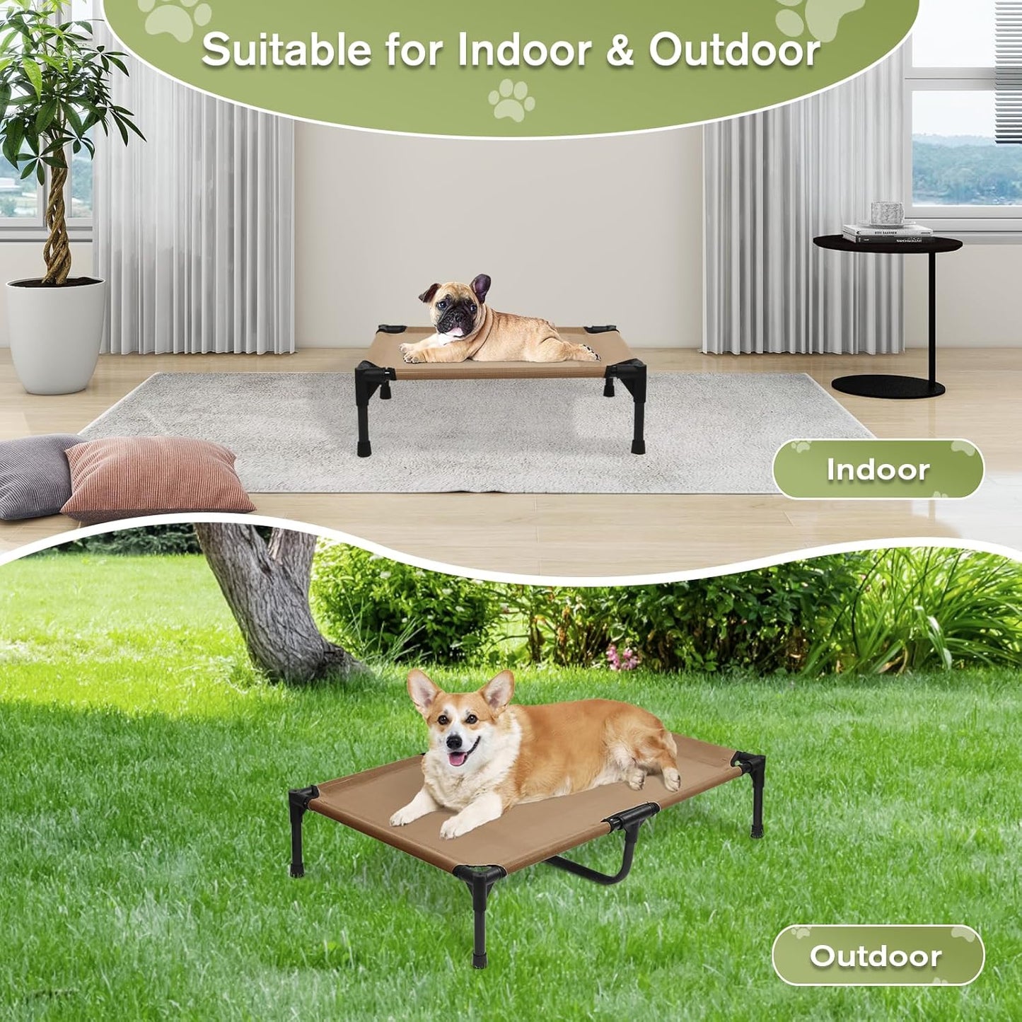 Elevated Dog Bed for Medium Dogs, Outdoor Cooling Raised Dog Beds Washable Pet Cot with Removable Mesh, Lifted Pets Hammock with Frame, Easy to Assemble, Brown, M