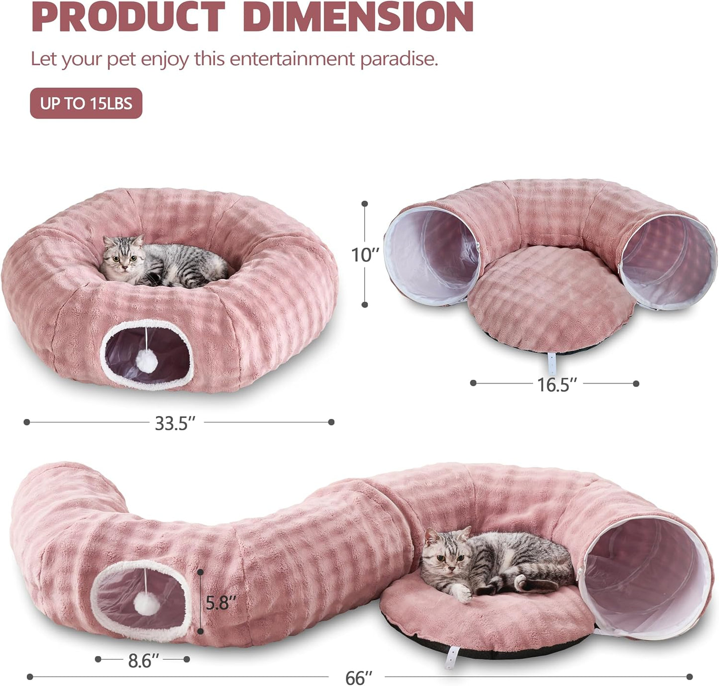 Bubble Cat Tunnel for Indoor Cats, Round Peekaboo Cave Toy with Dangling Balls, Donut Tunnel Bed with Circle Mat for Puppy Kitten Rabbit, Dusty Pink
