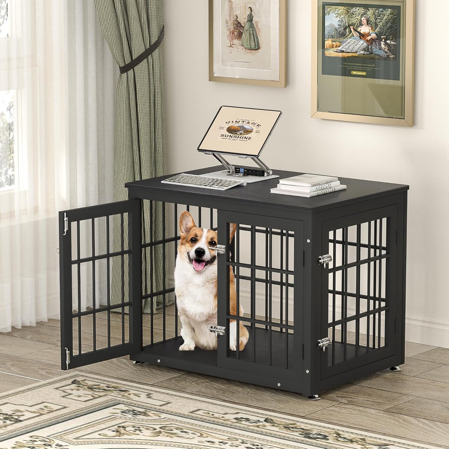 32 Inch Heavy Duty Dog Crate Furniture for Medium and Small Dogs, Decorative Pet House End Table, Wooden Cage Kennel Furniture Indoor, Black