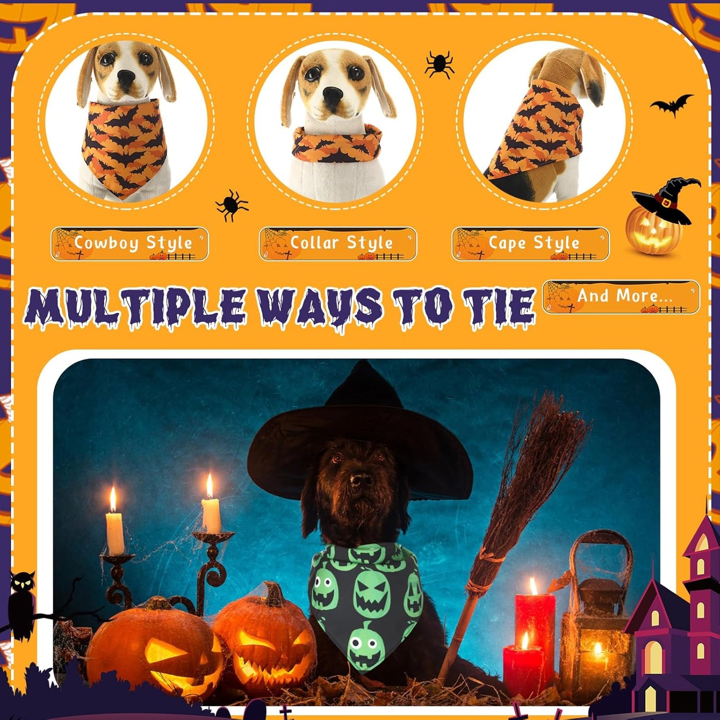 Abbylike 50 Pcs Halloween Dog Bandanas Bulk Pet Scarfs Triangle Bibs Adjustable Washable Puppy Kerchief Seasonal Pet Costume Accessories Grooming Supplies for Small Medium Large Dogs Cats