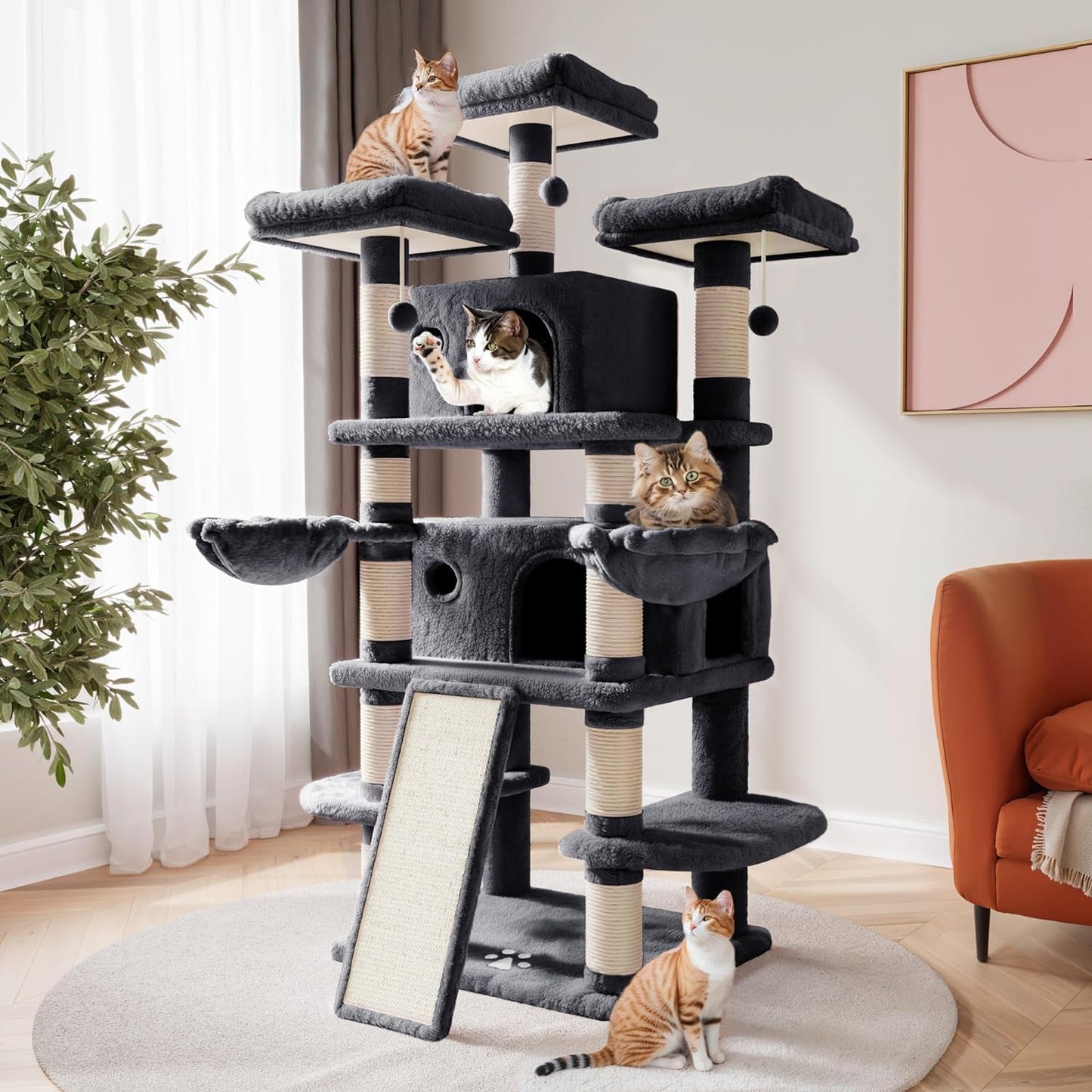 SHA CERLIN 68 Inches Multi-Level Large Cat Tree for Large Kitties/Big Cat Tower with Condo/Cozy Plush ‌Pussycat Perches/Sisal Scratching Posts and Hammocks/Activity Center/Dark Grey