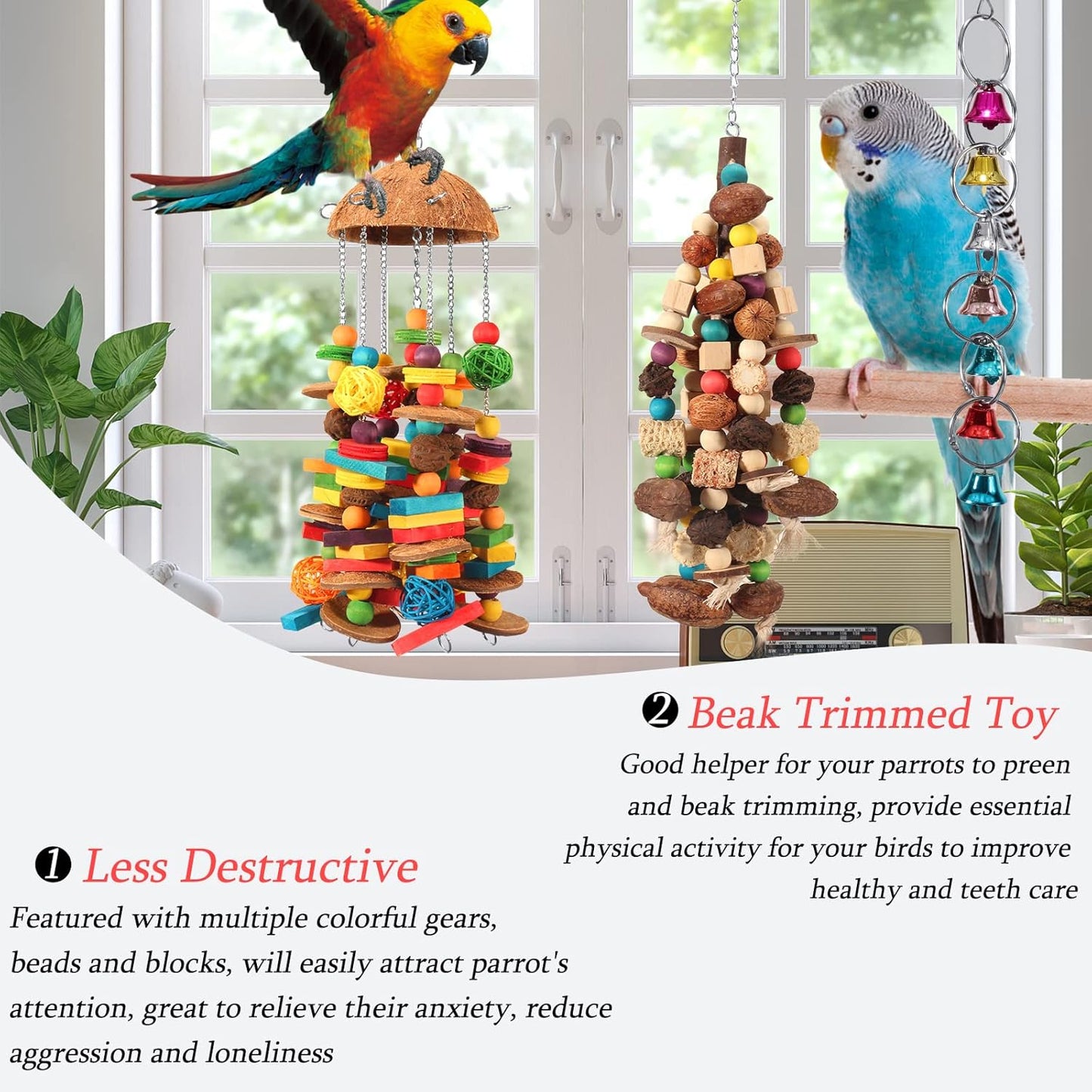Bird Parrot Toys Natural Large Parrot Blocks Toy Colorful Bird Chewing Toys with Bells for Macaw Cockatoo African Grey Parakeets (Multicolor 01)