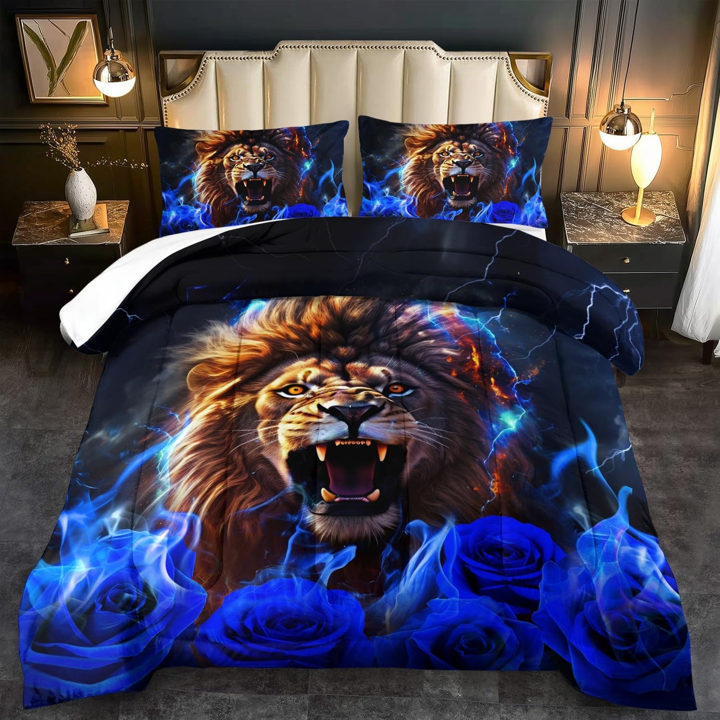 Lion Blue Comforter Set Twin,Lion Bedding Set Boys,Animal Print Comforter Bedroom Decor for Home,Vintage Floral Quilt,Blue Flower Bedding Adult,Tiger Quilt Bed Decor Teen