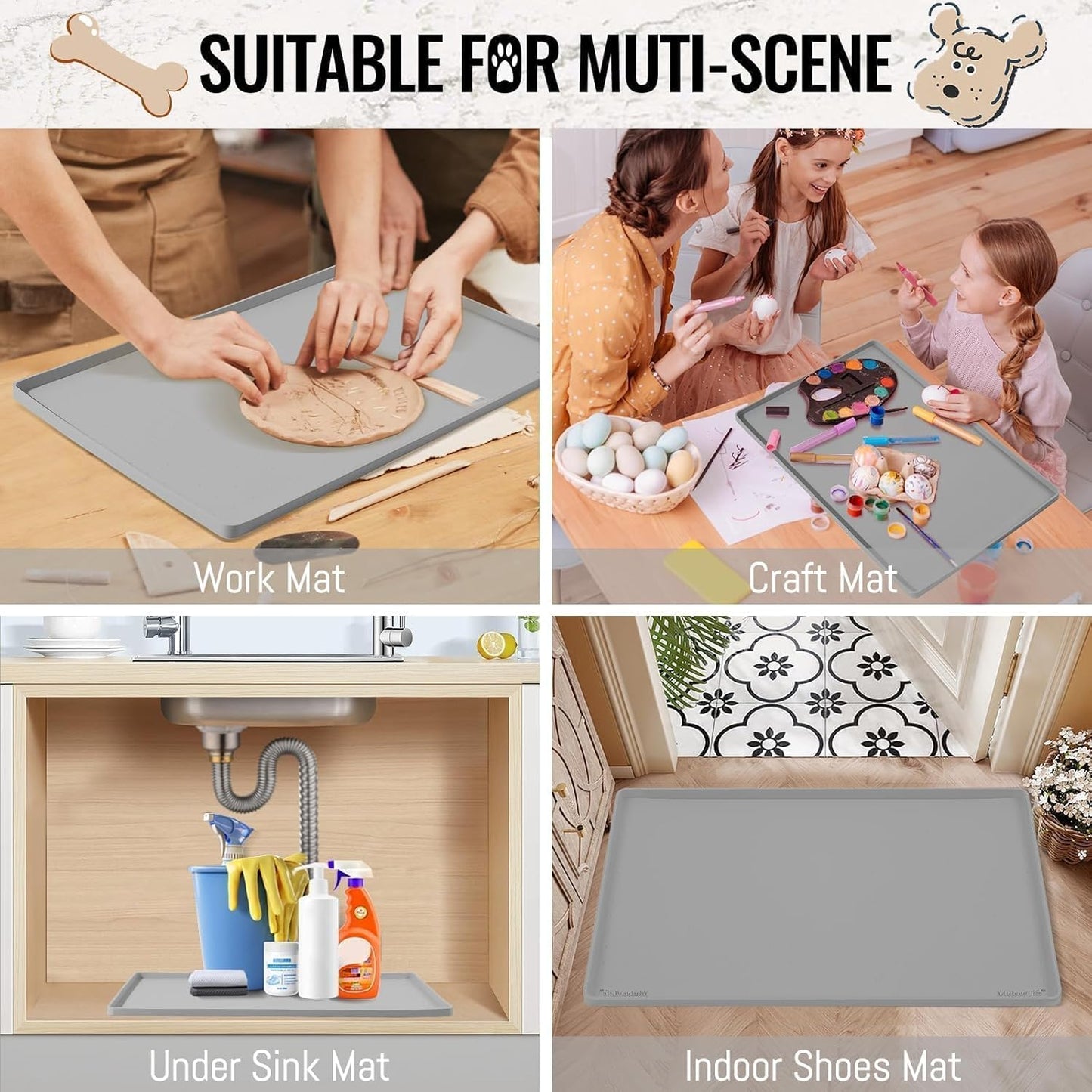 MateeyLife Dog & Cat Food Water Mat for Floors Waterproof, Nonslip Pets Bowl Feeding Mats with Raised Edges, Silicone Matt Tray for Messy Drinkers, 24"x16", Grey