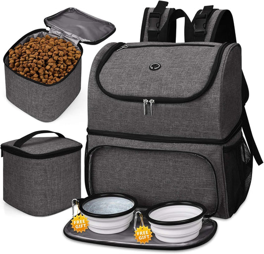 BAGLHER Pet Travel Bag, Double-Layer Pet Supplies Backpack (for All Pet Travel Supplies), Pet Travel Backpack with 2 Silicone Collapsible Bowls and 2 Food Baskets Grey