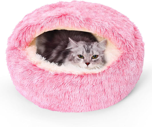 Calming Dog Beds with Hooded Cat Cave Cover - Removable, Washable Round Beds for Small to Medium Pets, Anti-Slip Faux Fur Fluffy Cover for Improved Sleep - Fits up to 15/25 lbs (Pink, M)