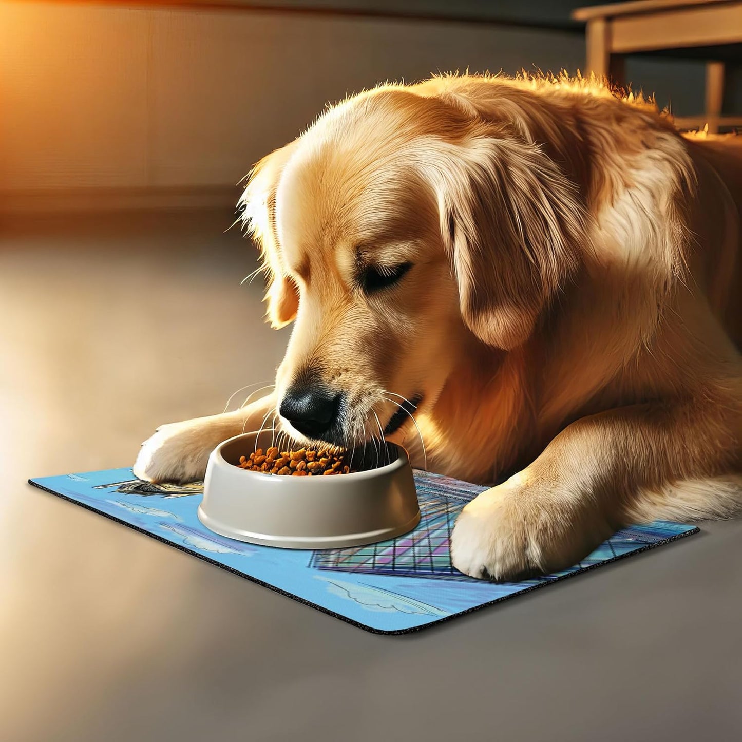 Lunarable Sketchy Pet Mat for Food and Water, Museum Themed Paris Watercolor Modern French Place Pop Art Style Day Time Image, Non-Slip Rubber Mat for Dogs and Cats, 18" X 12", Cream and Blue