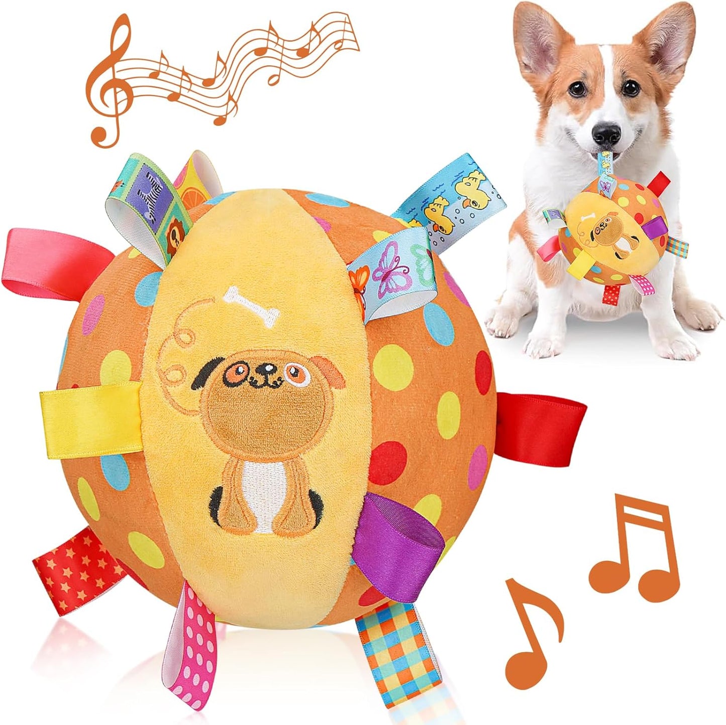 Dog Squeaky Plush Toy with Straps, 6-Inch Soft Stuffed Ball with Cotton Material and Bell Built-in, Pet Interactive Fetch Toy for Small to Large Dog