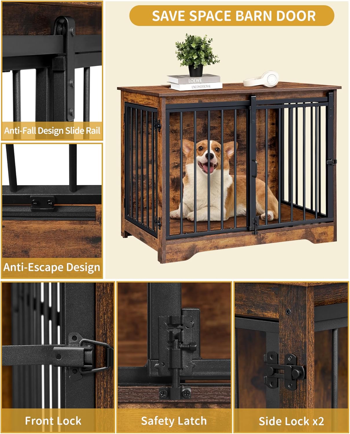 31.9" Dog Crate Furniture with Barn Door, Heavy Duty Dog Kennel Indoor with 2 Doors, Wooden Pet Cage End Table for Small Medium Dogs up to 44 lb, Anti-Chew Anti-Escape, Rustic Brown DFC83601B
