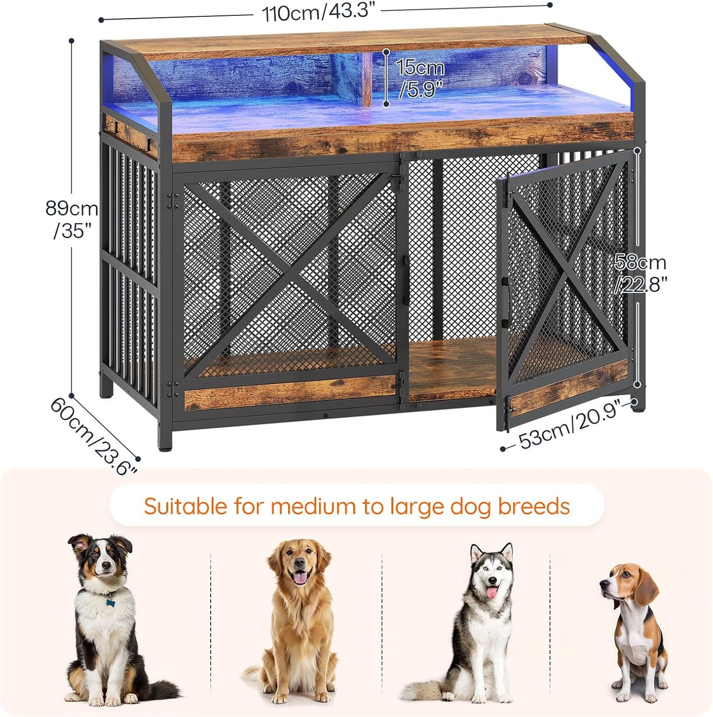 HOOBRO 43.3" Dog Crate Furniture, Heavy Duty Dog Kennel Indoor with Storage Shelves, Wooden Dog Cage with LED Lights, for Medium Large Breed, Rustic Brown and Black BF89DGW03