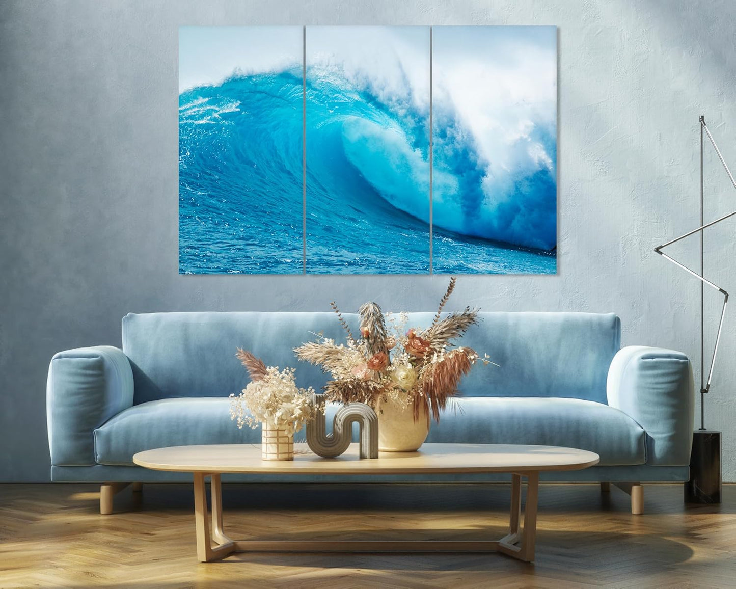 Nature Wall Art Prints - Ocean Forest Mountain Lake Canvas Landscapes - Small to Extra Large Living Room Bedroom Kitchen Bathroom Décor (Blue Ocean Wave, 35L" x 53W" - 3 Panels)