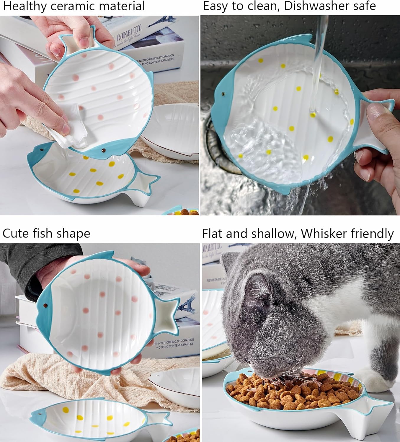 Double Whisker Friendly Ceramic Cat Food Dishes, Cute Shallow Anti Whisker Fatigue Wide Cat Bowl for Indoor Cats, Whisker Relief Flat Cat Plates for Wet Food, Small Pet Kitten Feeding Dish