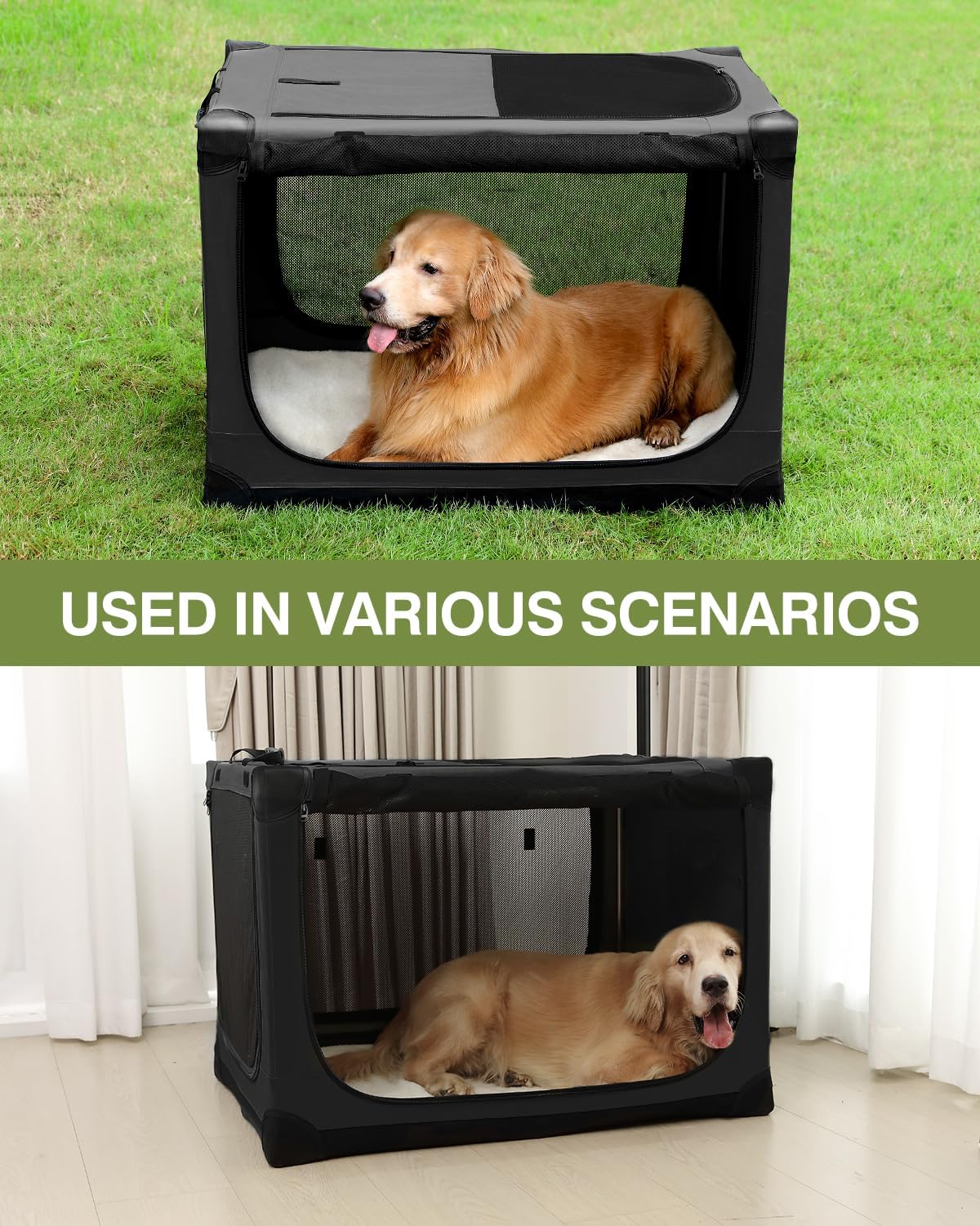 36-Inch Collapsible Travel Dog Crate, Portable 4-Door Soft Kennel for Medium to Large Dogs, Durable Mesh Windows, Indoor/Outdoor Use, Foldable, with Storage Bag (Black)