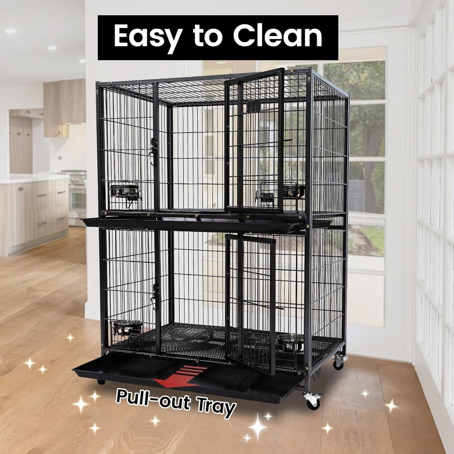 Homey Pet Two Tiers 37 Inch Dog Crate Cage Kennel with Feeding Door and Bowls, Lockable Wheels and Removable Tray, Escape Proof Metal Wire Heavy Duty Dog Crates for Medium/Small Sized Dogs (2 Pack)