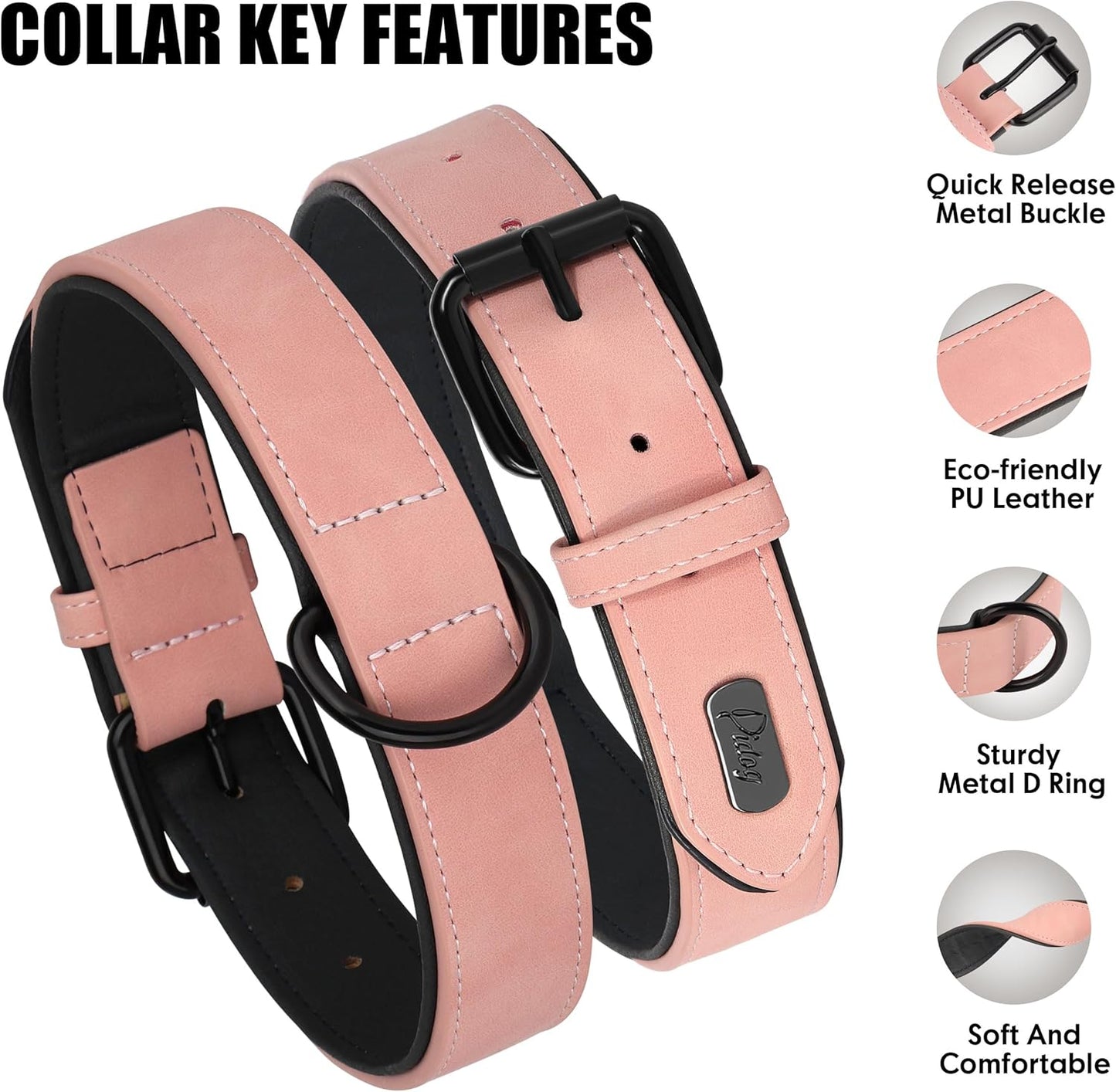 Didog Soft Padded PU Leather Dog Collar, Breathable and Adjustable Pink Dog Collars for Small Dogs, Comfortable for Daily Walk, Pink, M Fit Neck 12-15"(13-22 lbs)