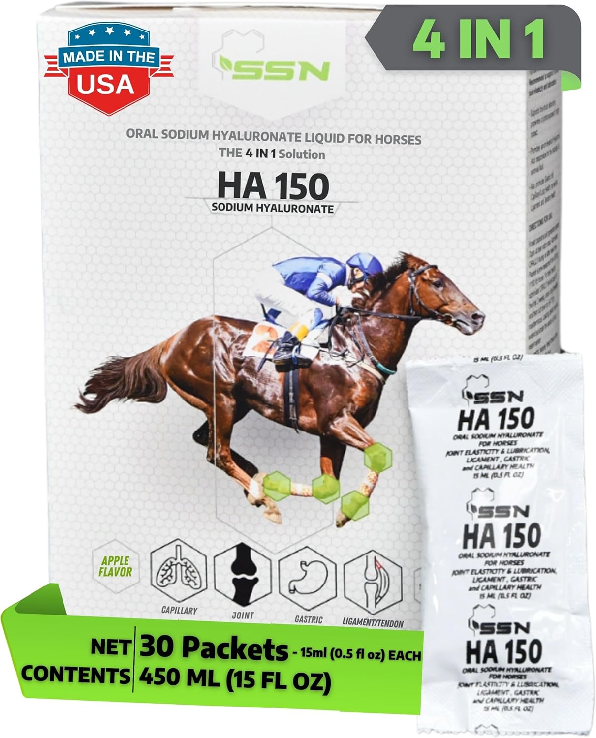 SSN HA 150 - 4 In 1 Horse Supplement - 30 Servings - Equine Joint, Gastric, Ligament/Tendon, Lung Capillary Health - Glucosamine Alternative - (30 Pack, 150mg Sodium Hyaluronate per Serving)