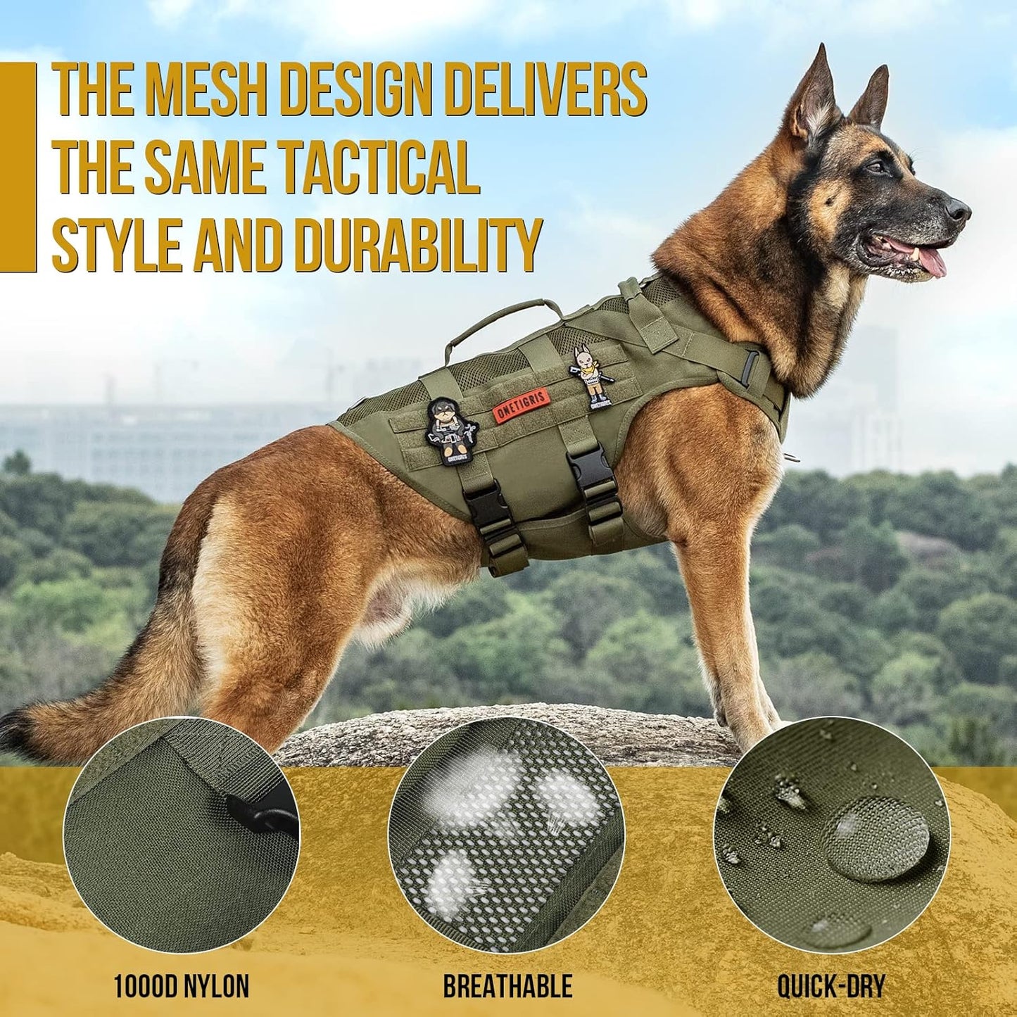 OneTigris No Pull Tactical Dog Mesh Harness for Medium Dogs, Aire Mesh Breathable Military Dog Molle Vests with Handles, Service Dog Vest Harness for Walking Hiking Training Green