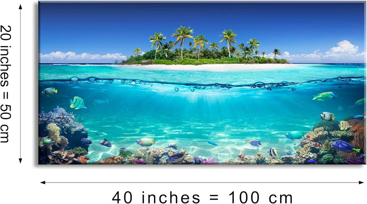 Tropical Island Coral Reef Landscape Canvas Wall Art for Living Room,Unique View Split Waterline Scenery,Beautiful Nature Summer Travel Scenic Picture Print Artwork Painting Decor,Inner Frame 20x40