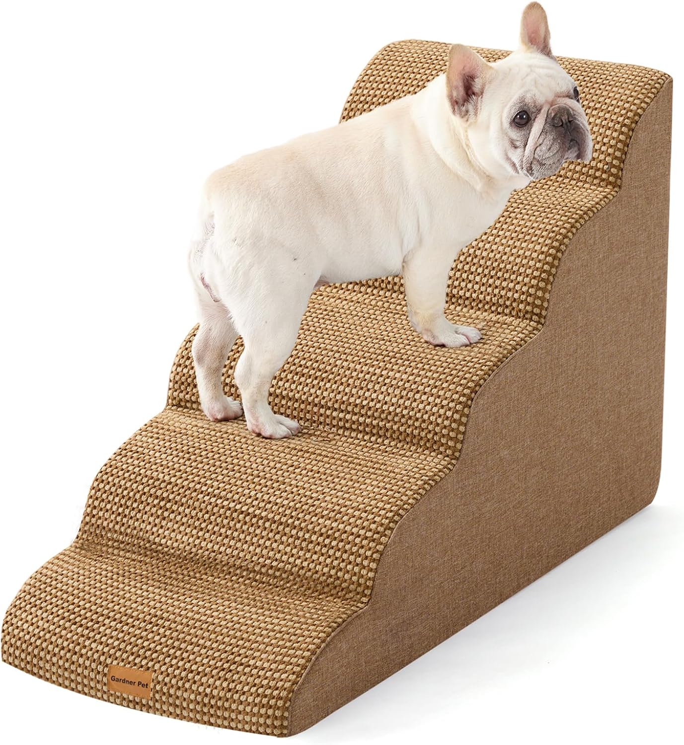Gardner Pet Dog Stairs for Small Dogs 22.8" H, 5-Step Brown Curved Pet Stairs, Dog Steps for High Bed, Couch (24-30 in) with Durable Non-Slip Waterproof Fabric Cover and CertiPUR-US Certified Foam