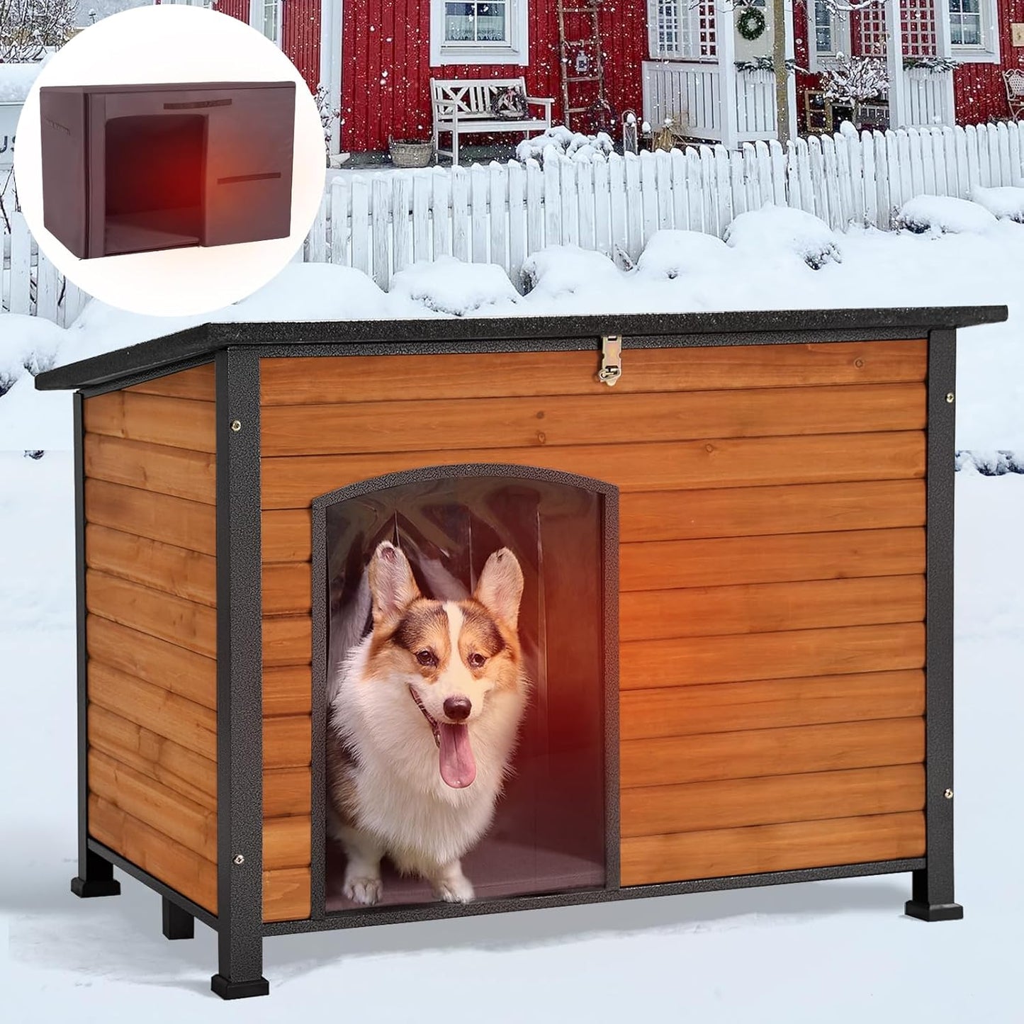 GUTINNEEN Large Insulated Dog House for Winter Outdoor Dog Kennel with Anti-Chewing Metal Frame for Medium to Large Dogs, Brown Color