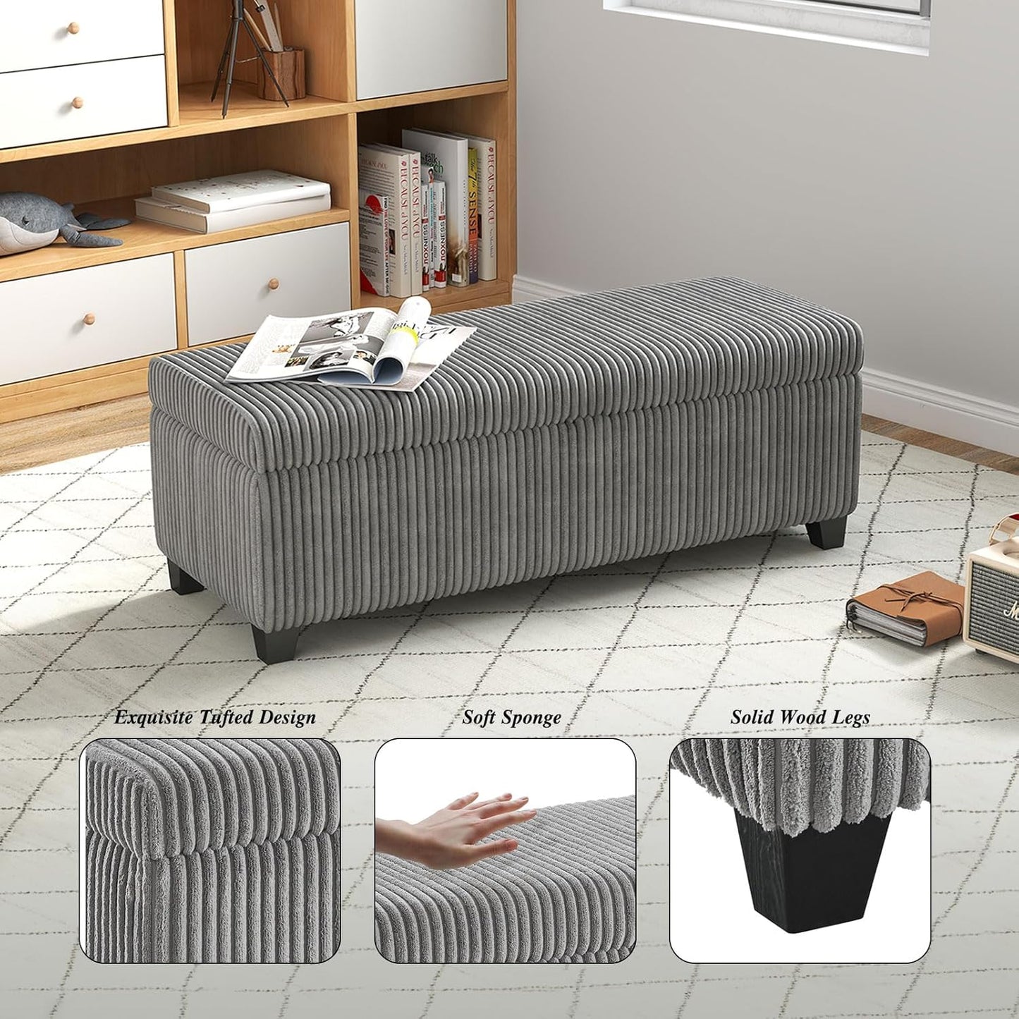 48" Ottoman with Storage, Corduroy Storage Ottoman Bench for Bedroom, End of Bed Bench with Safety Hinge for Living Room, Bedroom, Entryway, Grey