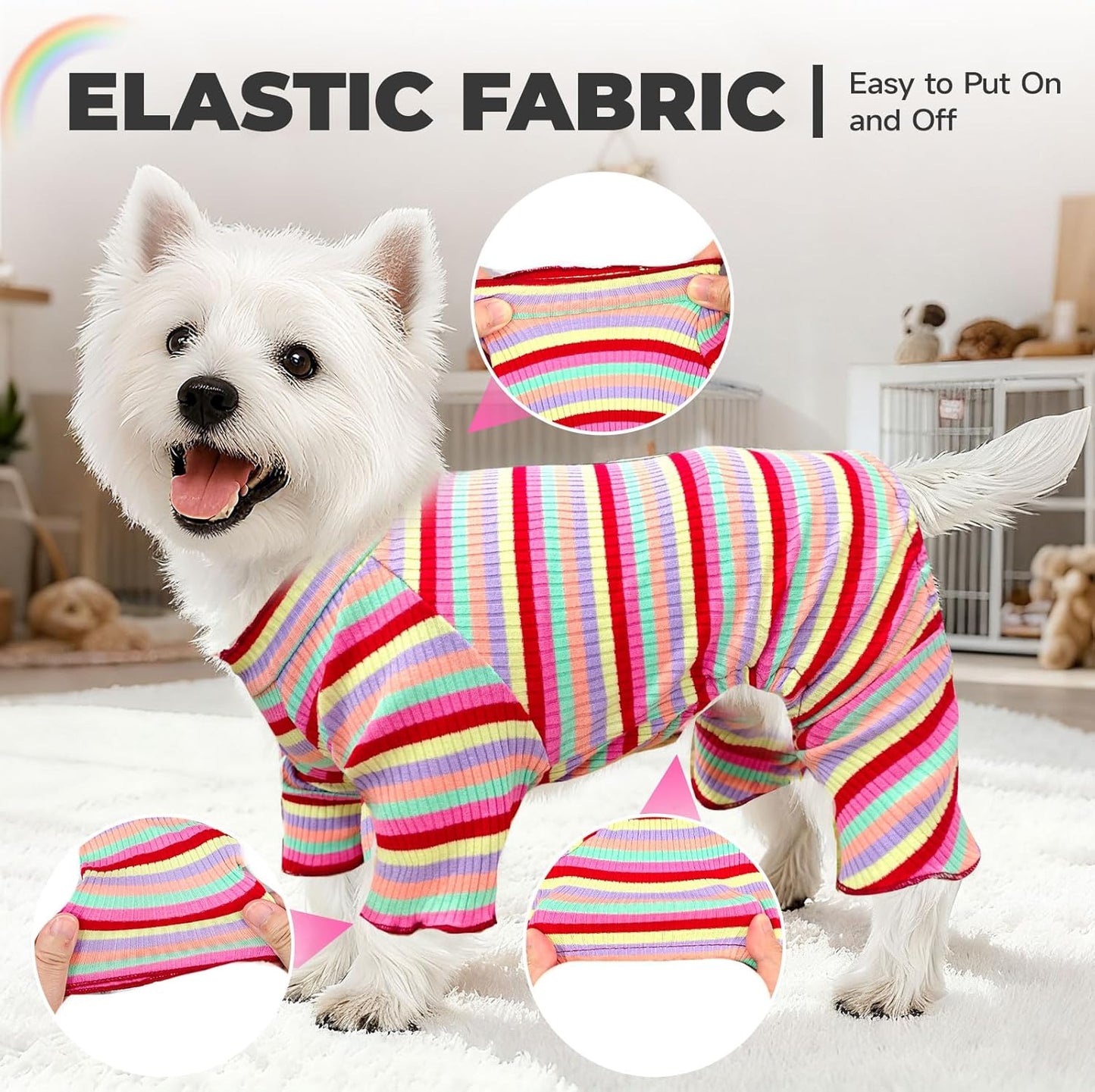 BAEJMJK Striped Dog Pajamas Stretchy Cute Four-Legged Boy Girl Dog Clothes with Sleeves Comfortable Dogs Jumpsuit Colorful Pet Puppy Outfits Apparel for Small Medium Dogs Cats(Red,Large)