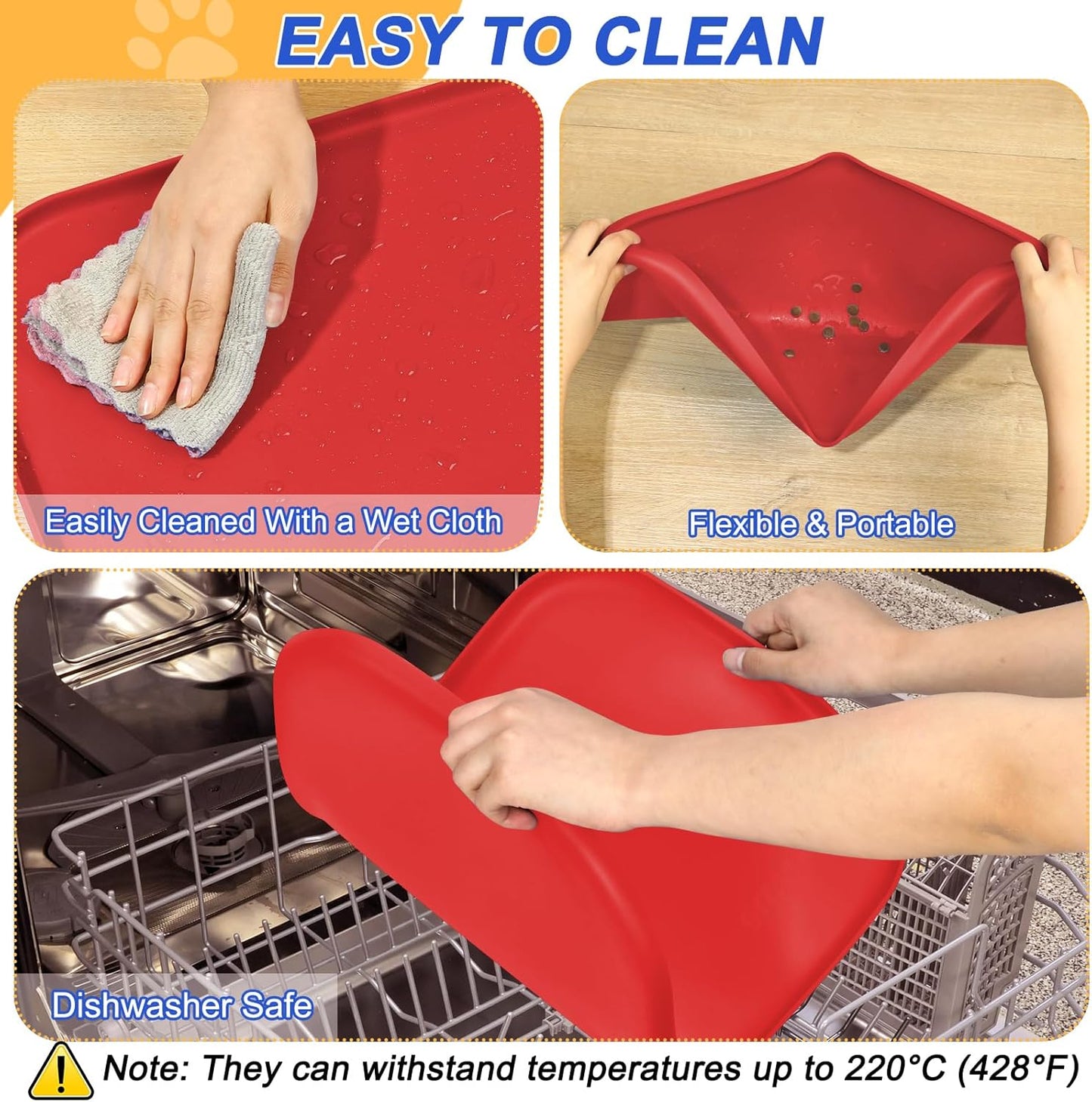 Silicone Pet Feeding Mat with Raised Edge for Food and Water, Dog Bowl Mats, Cat Bowls Placemat with High Lip for Floor Waterproof, Rubber Tray for Cats and Dogs 22 x 14 x0.8 Red