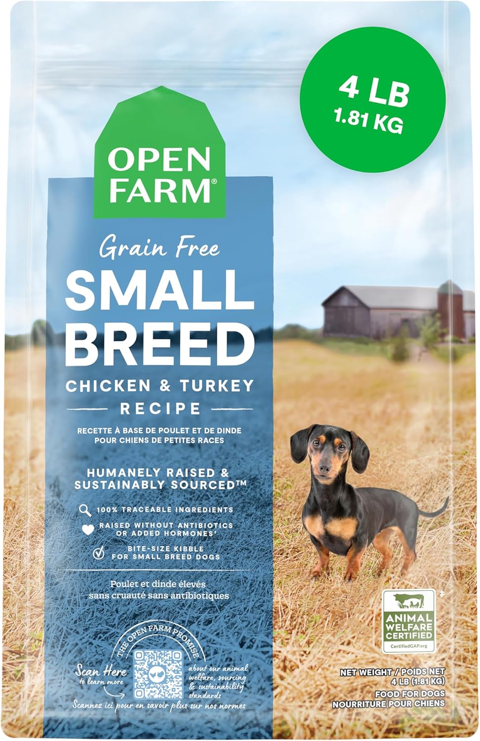 Open Farm, Grain-Free Dry Dog Food for Small Breeds, High-Protein Kibble, Sustainably & Ethically Sourced Ingredients, Non-GMO Veggies & Superfoods, Chicken & Turkey Recipe for Small Dogs, 4lb Bag
