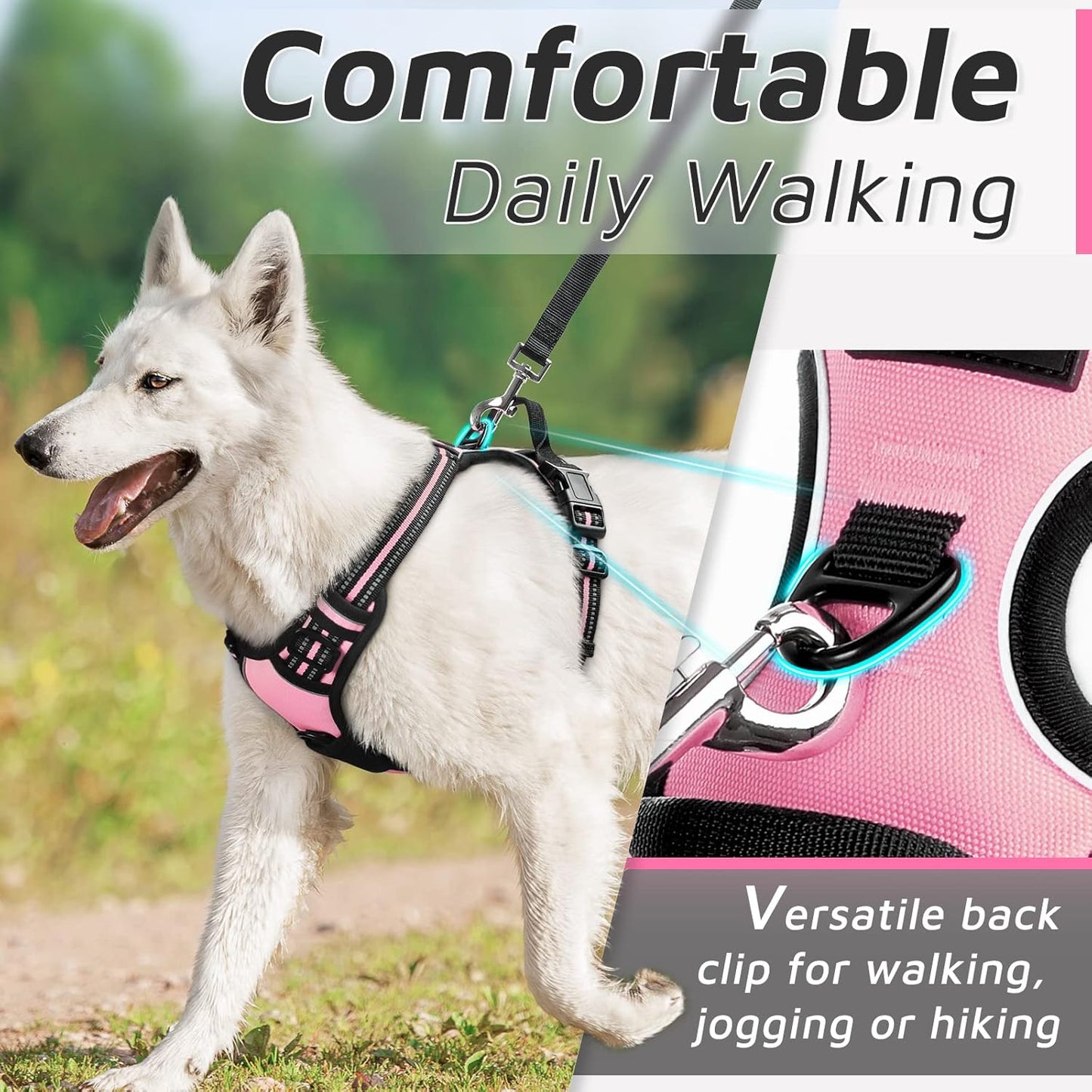 Eagloo Dog Harness Medium Sized Dog, No Pull Service Vest with Reflective Strips and Control Handle, Adjustable and Comfortable for Walking, No Choke Pet Harness with 2 Metal Rings, Pink, M