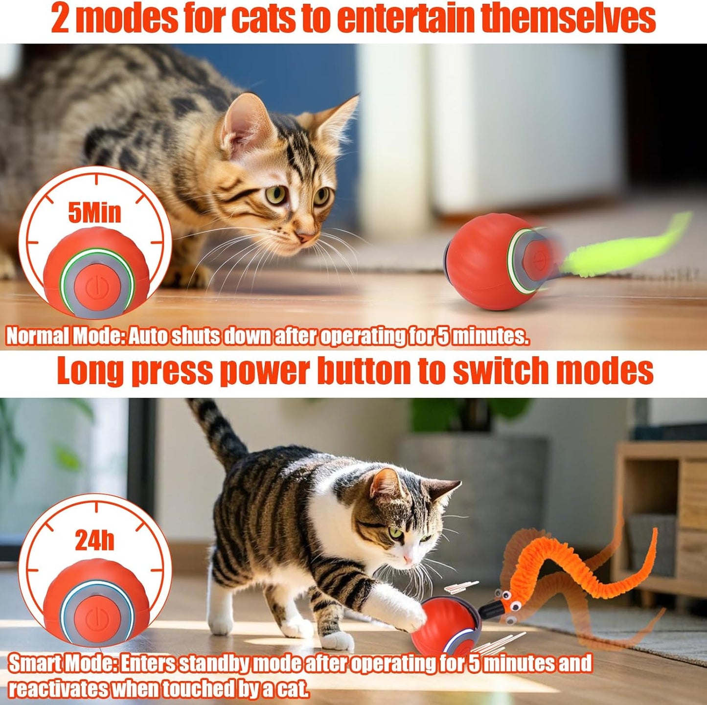 AIERSA Interactive Automatic Cat Toys for Indoor Adult Cats,Self Play Speed Tail Toy with 3 Tails and 4 Springs (Orange)