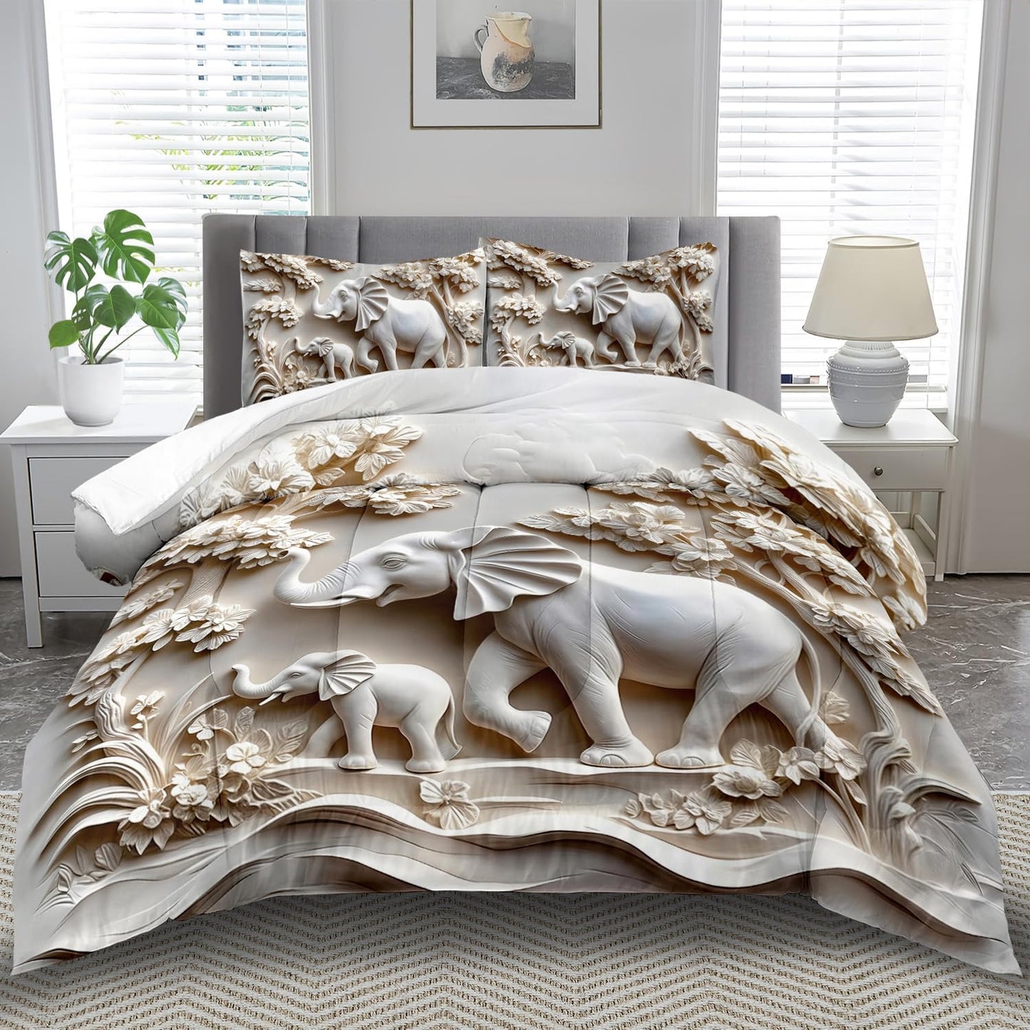 Elephant Comforter Set Full Adult, White Animal Bedding Set Full for Man, Cute Animal Comforter for Kids,Elephant Quilt Pattern White Bedroom Decor Womens, Relief Bedding