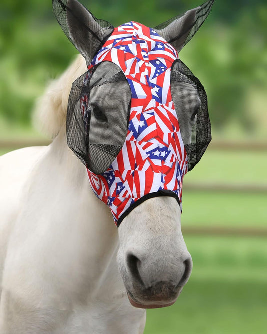 Harrison Howard Super Comfort Stretchy Fly Mask Large Eye Space with UV Protection Soft on Skin with Breathability Flag Grid M