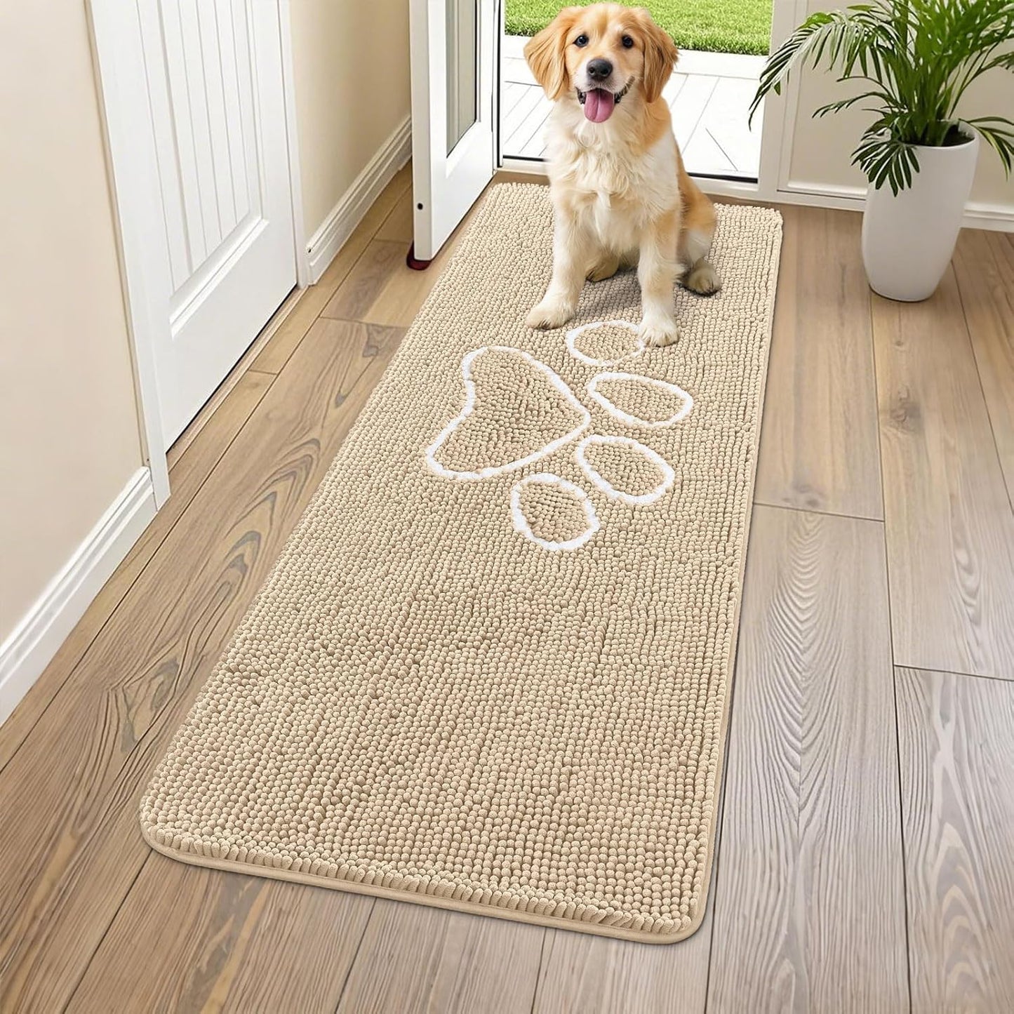Smiry Dog Door Mat for Muddy Paws, Absorbent Dirt Trapper Non Slip Quick Dry Washable Chenille Mat for Mud Dogs, Entry Rug for Indoor and Outdoor (59x24 Inches, Beige)
