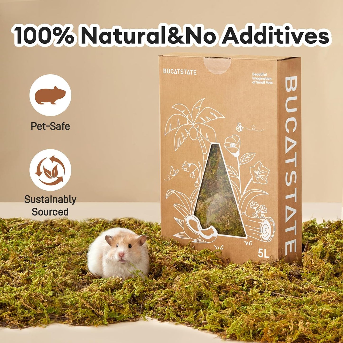 BUCATSTATE 5L Hamster Bedding, Natural Forest Moss Hamster Bedding Odor Control, Nature Hamsters Substrate Cage Accessories for Dwarf Syrian Hamsters, Mice, Gerbils (Dried Moss)