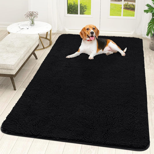 OLANLY Dog Door Mat for Muddy Paws 59x35, Absorbs Moisture and Dirt, Absorbent Non-Slip Washable Doormat, Quick Dry Chenille Mud Mat for Dogs, Entry Indoor Entryway Carpet for Inside Floor, Black