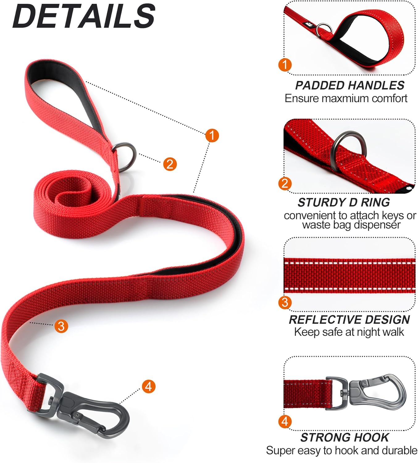 TwoEar 6FT 1IN Strong Red Dog Leash with 2 Padded Handles, Traffic Handle Extra Control, Comfortable Soft Dual Handle, Auto Lock Hook, Reflective Walking Lead for Small Medium and Large Dogs